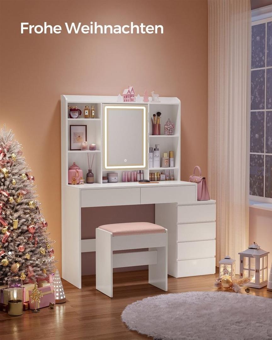 Sminkbord med LED-belysning och förvaring, makeuptafel med lådor och hyllor, 97,5 eller 117,5 × 40 × 145 cm