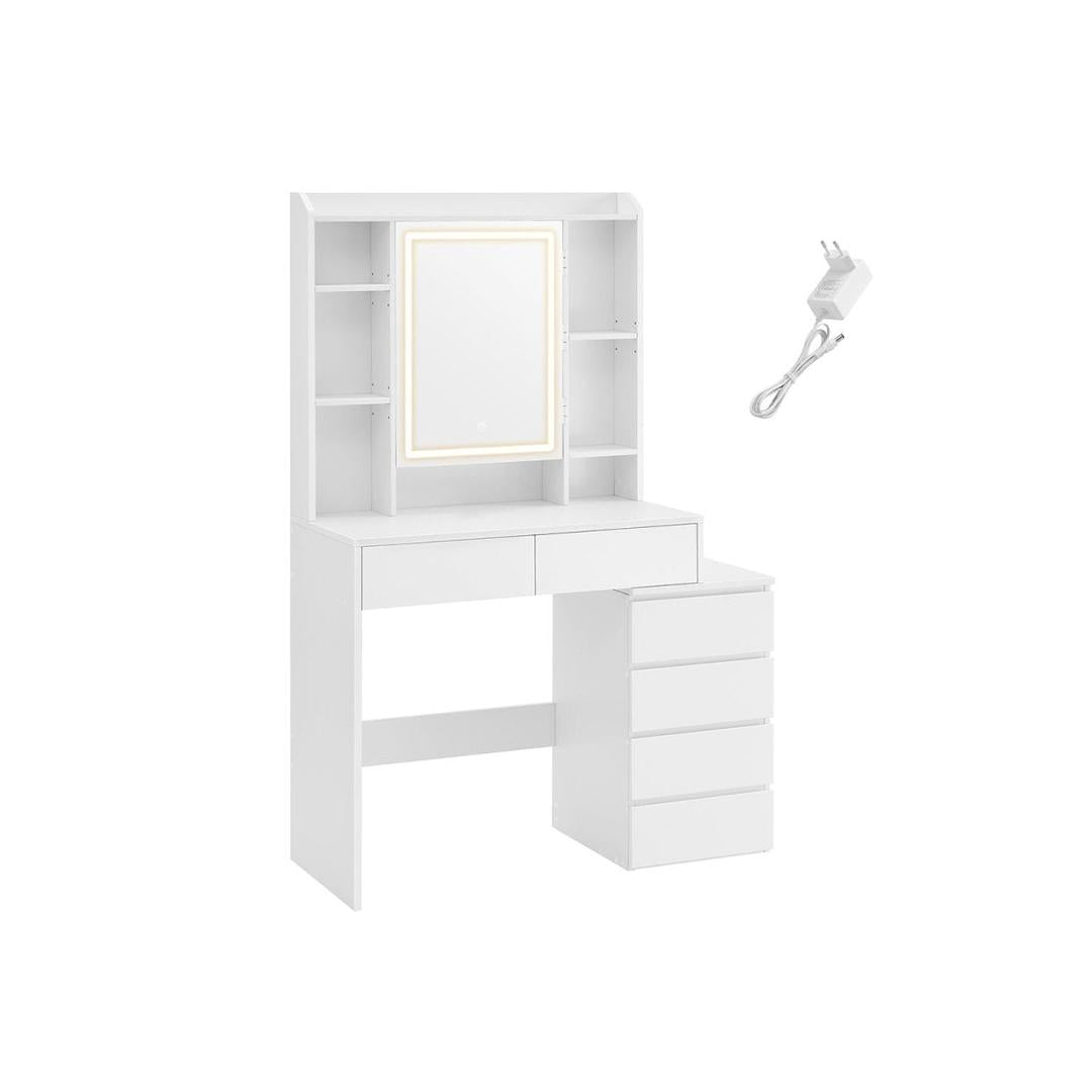 Sminkbord med LED-belysning och förvaring, makeuptafel med lådor och hyllor, 97,5 eller 117,5 × 40 × 145 cm