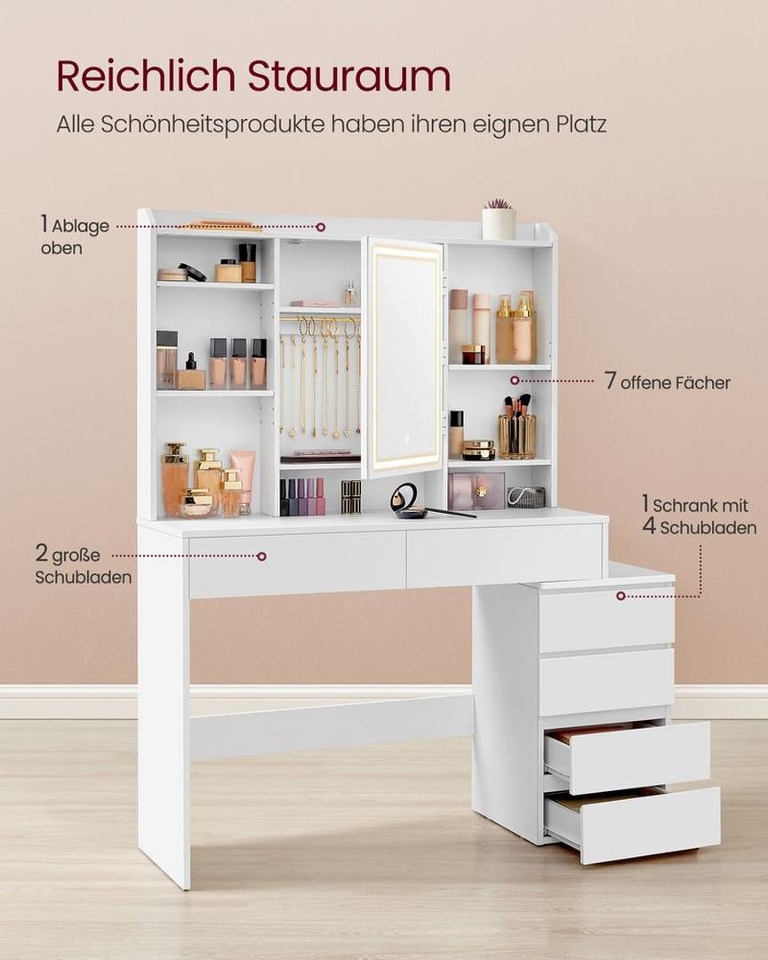 Sminkbord med LED-belysning och förvaring, makeuptafel med lådor och hyllor, 97,5 eller 117,5 × 40 × 145 cm