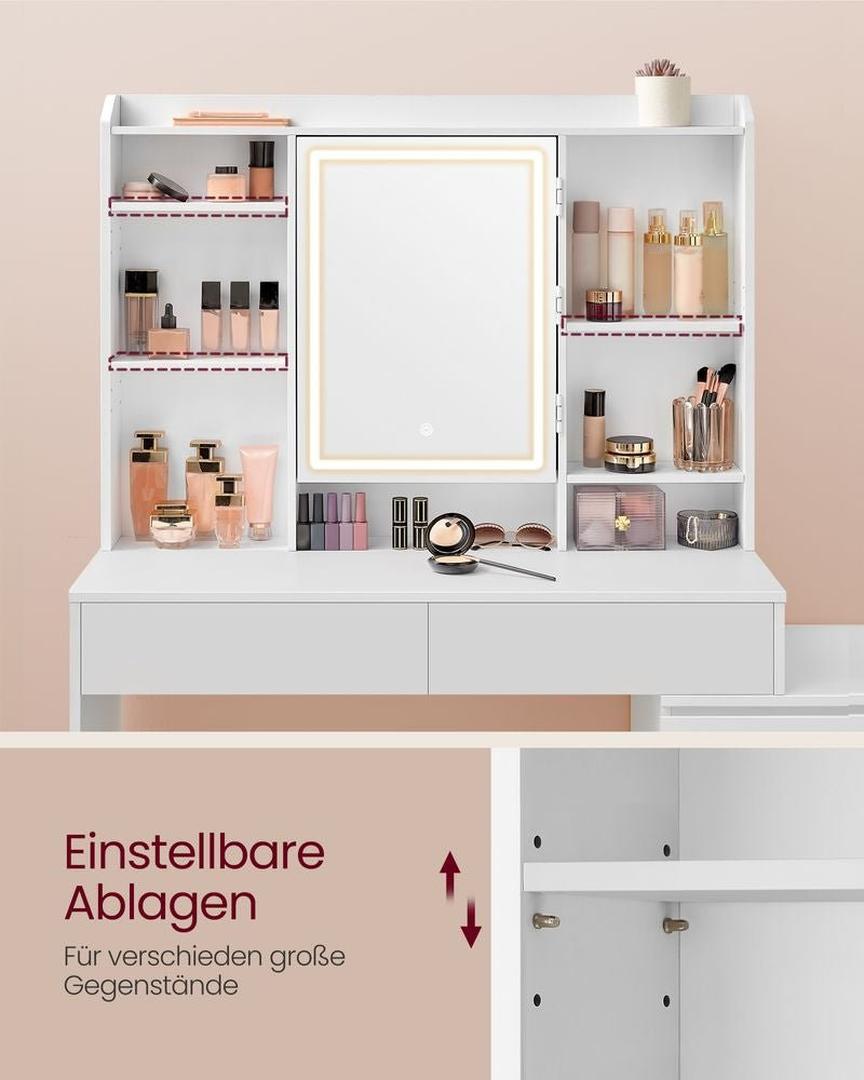 Sminkbord med LED-belysning och förvaring, makeuptafel med lådor och hyllor, 97,5 eller 117,5 × 40 × 145 cm