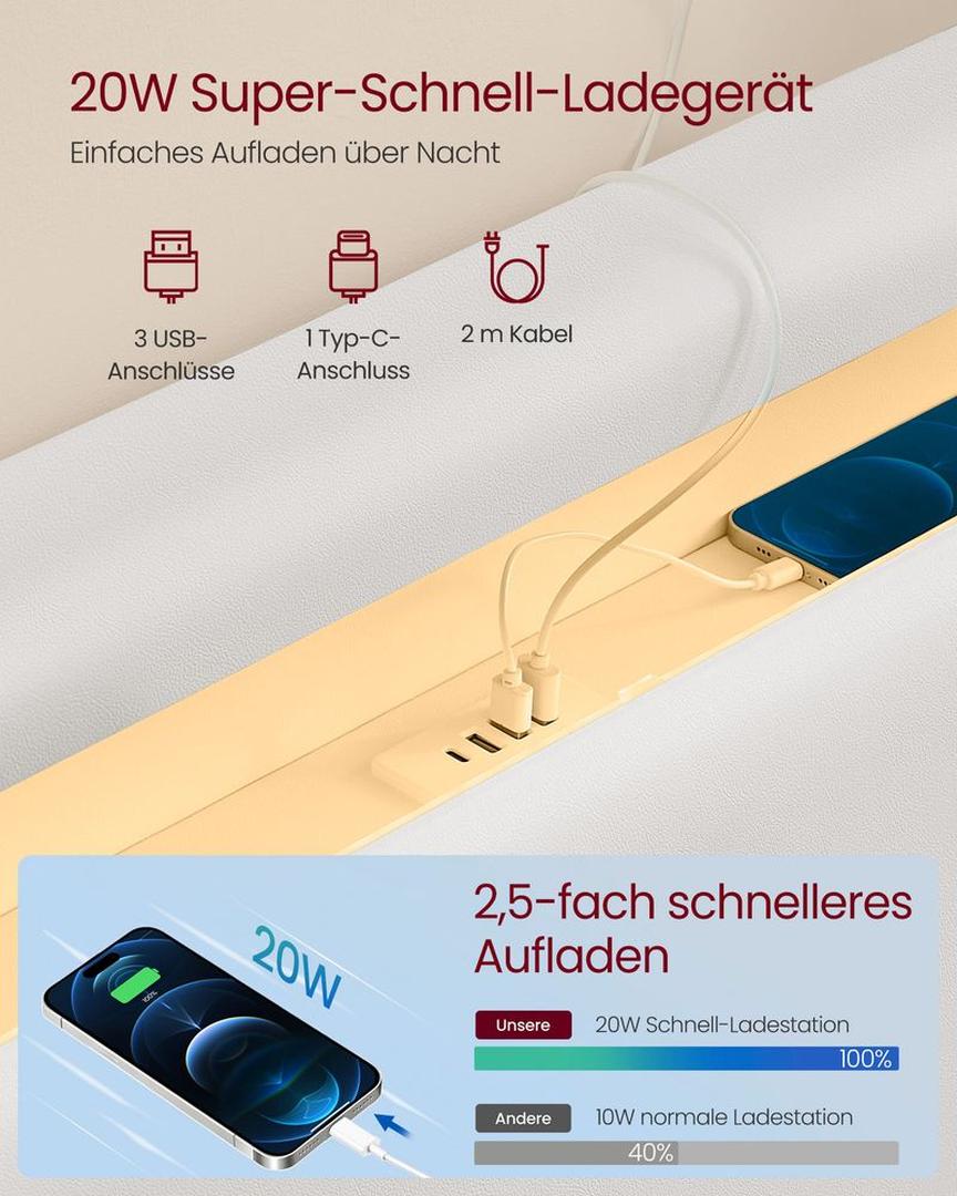 Modernt sängram med svävande effekt och LED-belysning, USB- och USB-C-anslutning, för madrass 140/160 × 200 cm