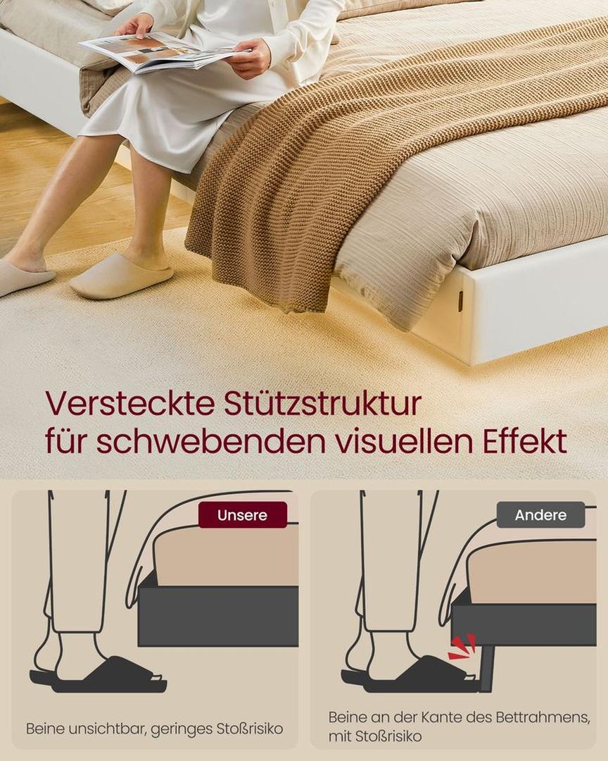 Modernt sängram med svävande effekt och LED-belysning, USB- och USB-C-anslutning, för madrass 140/160 × 200 cm