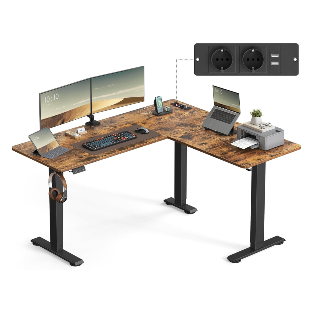 Elektriskt höj- och sänkbart hörnskrivbord i L-form, 140 × 160 cm, minnesfunktion, eluttag och USB, 72–120 cm