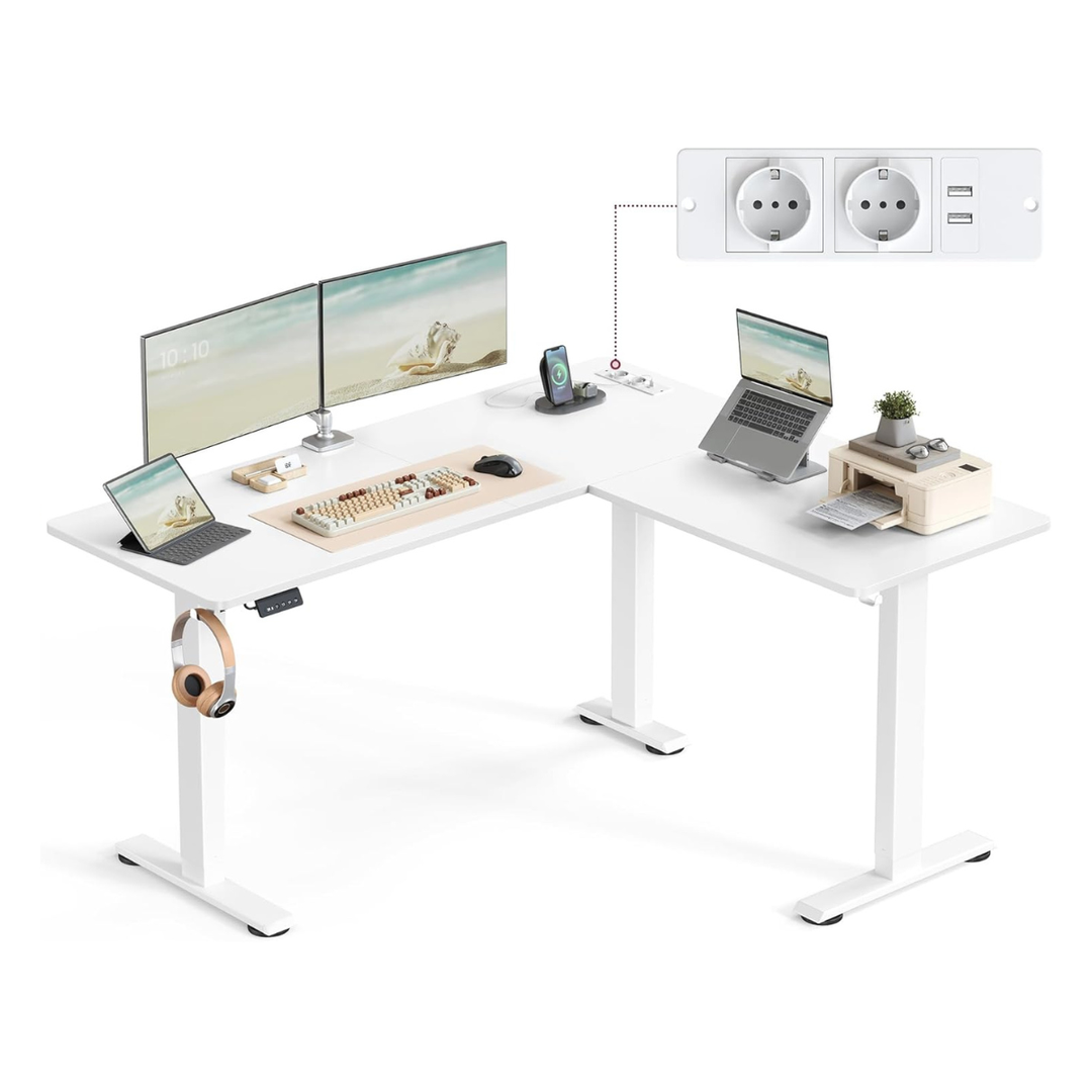 Elektriskt höj- och sänkbart hörnskrivbord i L-form, 140 × 160 cm, minnesfunktion, eluttag och USB, 72–120 cm